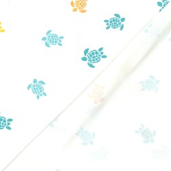 Tessuto Jersey Tartarughe Giallo Turchese e Arancione Sfondo Bianco Sporco | Tessuti Lupo