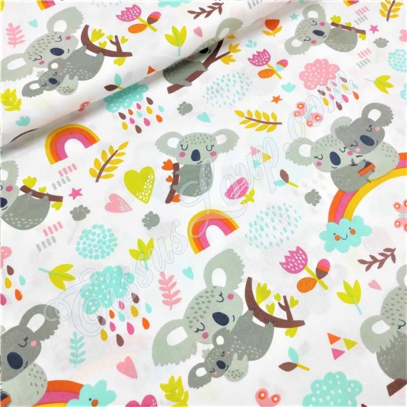Tessuto Cotone Koala su Arcobaleno su Fondo Bianco | Tissus Loup