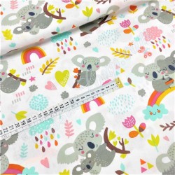Tessuto Cotone Koala su Arcobaleno su Fondo Bianco | Tissus Loup