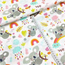 Tessuto Cotone Koala su Arcobaleno su Fondo Bianco | Tissus Loup