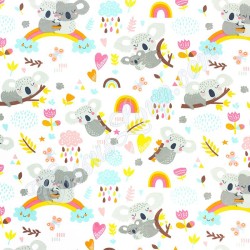 Tessuto Cotone Koala su Arcobaleno su Fondo Bianco | Tissus Loup