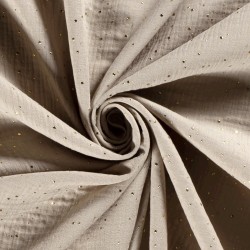 Tessuto doppia garza grigio-beige con pois dorati | Tessuti Lupo