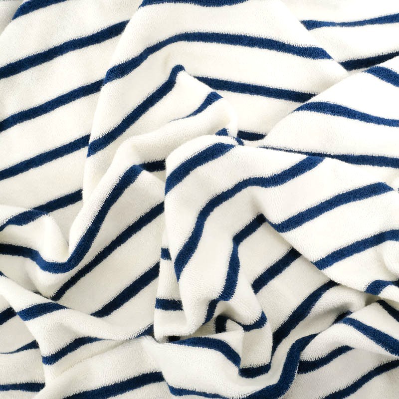Tessuto Jersey Mini Spugna a Righe Blu Marino su Sfondo Bianco | Tessuti Lupo