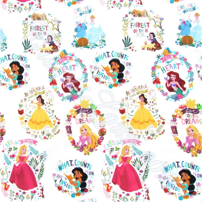 Tessuto Cotone Principesse Disney su fondo bianco | Tissus Loup