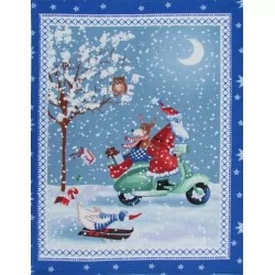 Panno da Festa Babbo Natale in Scooter Cornice Blu | Tissus Loup