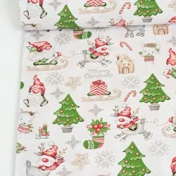 Tessuto di Cotone Elfi di Natale, Renne e Topi su Fondo Bianco | Tissus Loup