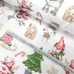 Tessuto di Cotone Elfi di Natale, Renne e Topi su Fondo Bianco | Tissus Loup