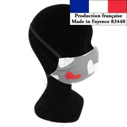 Maschera di protezione barriera cuore bianco e rosso design alla moda riutilizzabile AFNOR | Tissus Loup