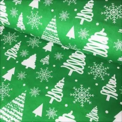 Tessuto di Cotone Abete di Natale e Fiocco di Neve su Sfondo Verde | Tissus Loup