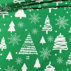 Tessuto di Cotone Abete di Natale e Fiocco di Neve su Sfondo Verde | Tissus Loup