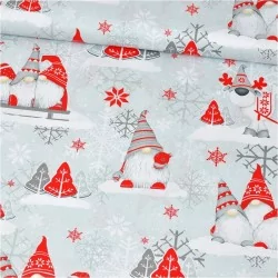 Tessuto di Cotone Elfi di Natale Cappelli Rossi e Grigi | Tissus Loup