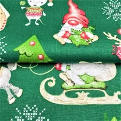 Tessuto di Cotone Elfi di Natale, Renne e Topi su Sfondo Verde | Tissus Loup