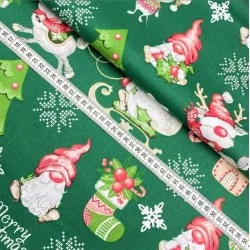 Tessuto di Cotone Elfi di Natale, Renne e Topi su Sfondo Verde | Tissus Loup