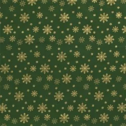 Tessuto di Cotone Fiocchi di Neve Dorati su Fondo Verde | Tissus Loup