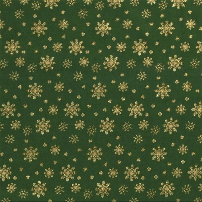 Tessuto di Cotone Fiocchi di Neve Dorati su Fondo Verde | Tissus Loup