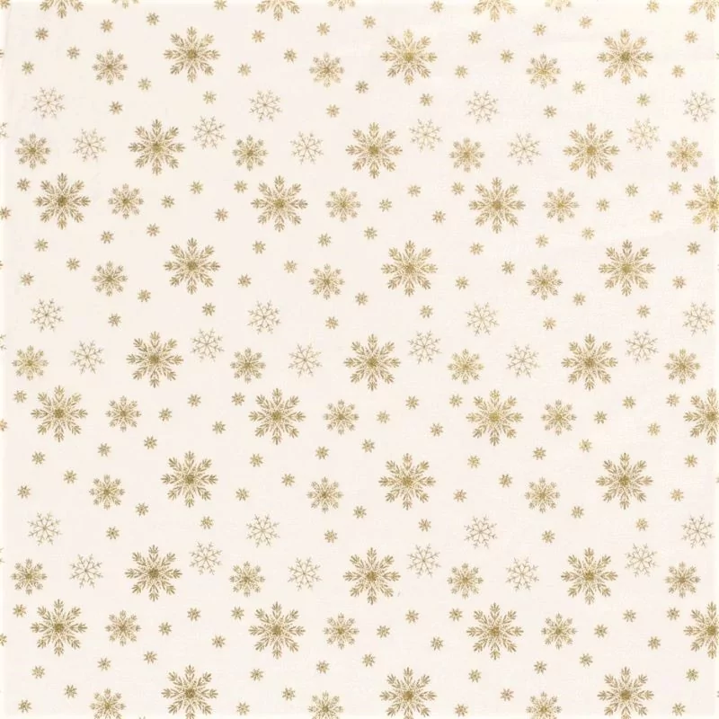 Tessuto di Cotone Fiocchi di Neve Dorati su Fondo Bianco | Tissus Loup