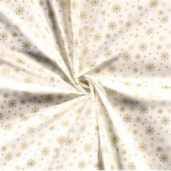 Tessuto di Cotone Fiocchi di Neve Dorati su Fondo Bianco | Tissus Loup