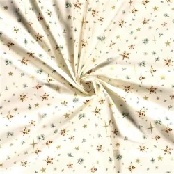 Tessuto di Cotone Stelle dorate e Rami di Abete su Sfondo Bianco | Tissus Loup