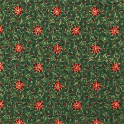 Tessuto Cotone Fiore stella rossa di Natale rami dorati Sfondo verde | Tissus Loup