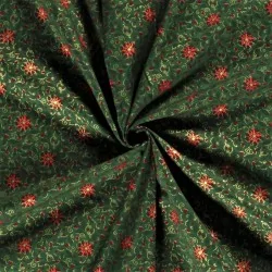 Tessuto Cotone Fiore stella rossa di Natale rami dorati Sfondo verde | Tissus Loup