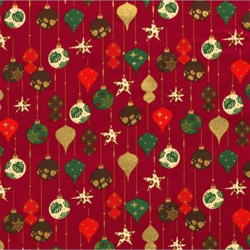 Tessuto di cotone con palline di Natale dorate su sfondo rosso carminio | Tissus Loup