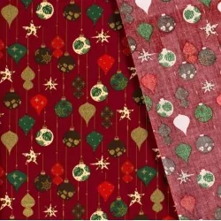 Tessuto di cotone con palline di Natale dorate su sfondo rosso carminio | Tissus Loup