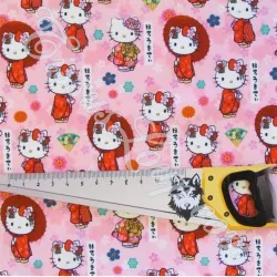 Tessuto di Cotone Hello Kitty Kimono su sfondo rosa | Tissus Loup