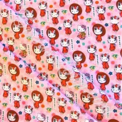 Tessuto di Cotone Hello Kitty Kimono su sfondo rosa | Tissus Loup