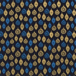 Tessuto di cotone con palline dorate di Natale Decorazione su sfondo blu marino | Tissus Loup