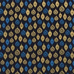 Tessuto di cotone con palline dorate di Natale Decorazione su sfondo blu marino | Tissus Loup