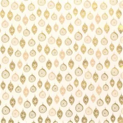 Tessuto di cotone con palline dorate di Natale Decorazione su sfondo bianco | Tissus Loup