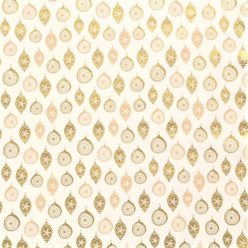 Tessuto di cotone con palline dorate di Natale Decorazione su sfondo bianco | Tissus Loup