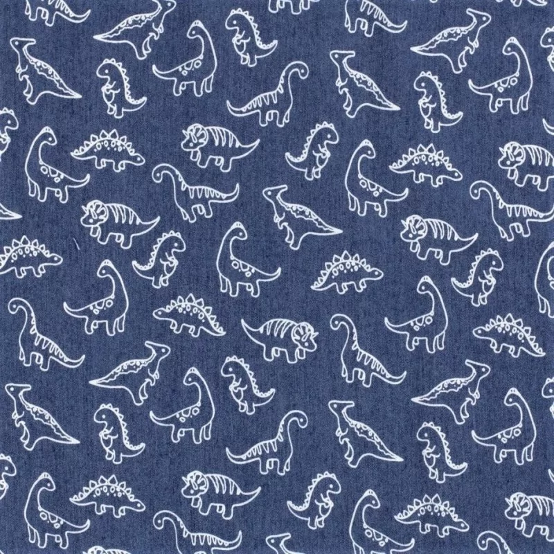 Tessuto Jean stretch blu chiaro con piccola stampa di dinosauro | Tissus Loup