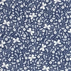 Tessuto jeans stretch stampato blu chiaro con farfalle e fiori | Tissus Loup