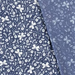Tessuto jeans stretch stampato blu chiaro con farfalle e fiori | Tissus Loup