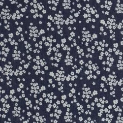 Tessuto Jean stretch blu scuro con piccoli fiori bianchi stampati | Tissus Loup