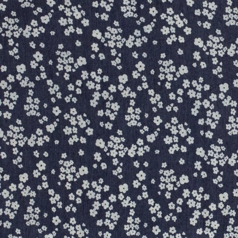 Tessuto Jean stretch blu scuro con piccoli fiori bianchi stampati | Tissus Loup