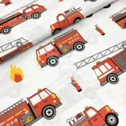 Tessuto di cotone Camion dei Pompieri su sfondo bianco | Tissus Loup