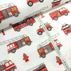 Tessuto di cotone Camion dei Pompieri su sfondo bianco | Tissus Loup