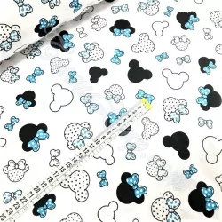 Tessuto Cotone Minnie-Mickey-Mouse Piccola Testa Fiocco turchese blu | Tissus Loup