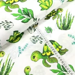 Tessuto in Cotone stampato con Tartarughe marine verdi e piante | Tissus Loup