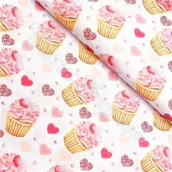 Tessuto Cupcake Rosa e Cuore Cotone | Tissus Loup