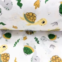 Tessuto in Cotone stampato con piccole Tartarughe marine verdi e piante | Tissus Loup