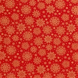 Tessuto di Cotone Fiocchi di Neve Dorati su Fondo Rosso | Tissus Loup