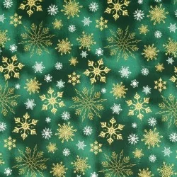 Tessuto di Cotone Fiocchi di Neve dorati e Bianchi su sfondo verde | Tissus Loup