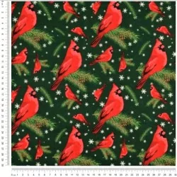 Tessuto di Cotone Uccello di Natale Pettirosso su sfondo verde | Tissus Loup