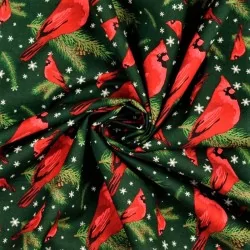 Tessuto di Cotone Uccello di Natale Pettirosso su sfondo verde | Tissus Loup