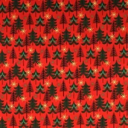 Tessuto di Cotone con Alberi di Natale e Fiocchi di Neve Dorati su Sfondo Rosso | Tissus Loup