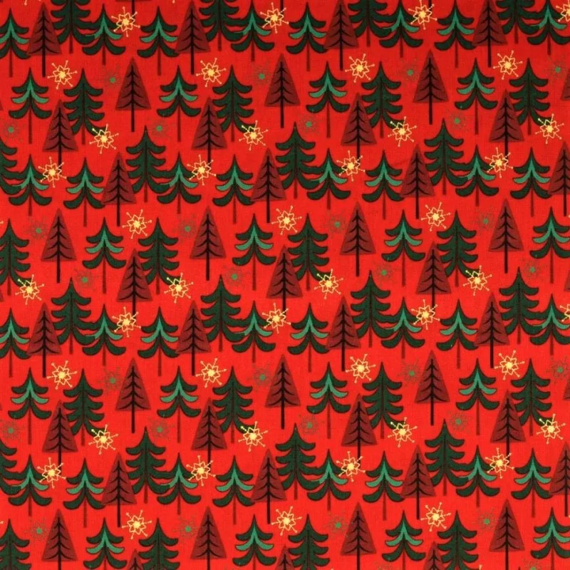 Tessuto di Cotone con Alberi di Natale e Fiocchi di Neve Dorati su Sfondo Rosso | Tissus Loup