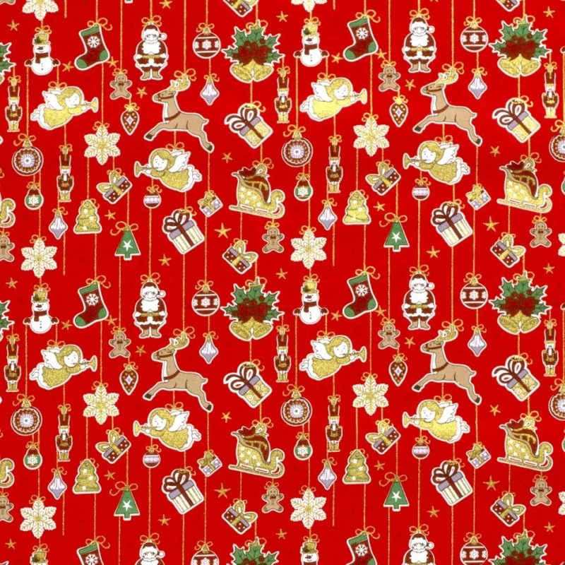 Tessuto di Cotone Decorazione di Natale sfondo rosso |Tissus Loup
